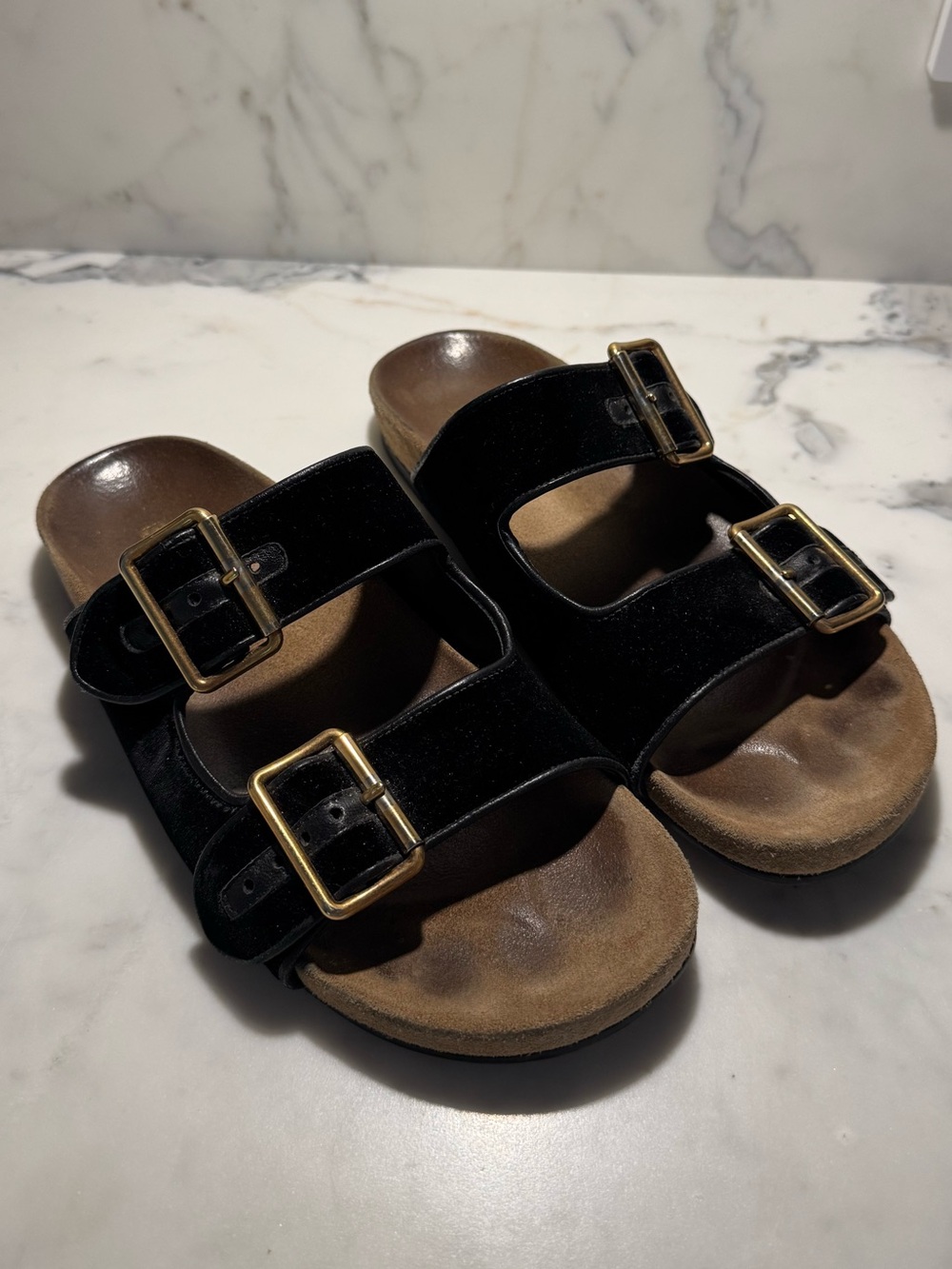 Prada Black Velvet Two-Band Flat Slide Sandals